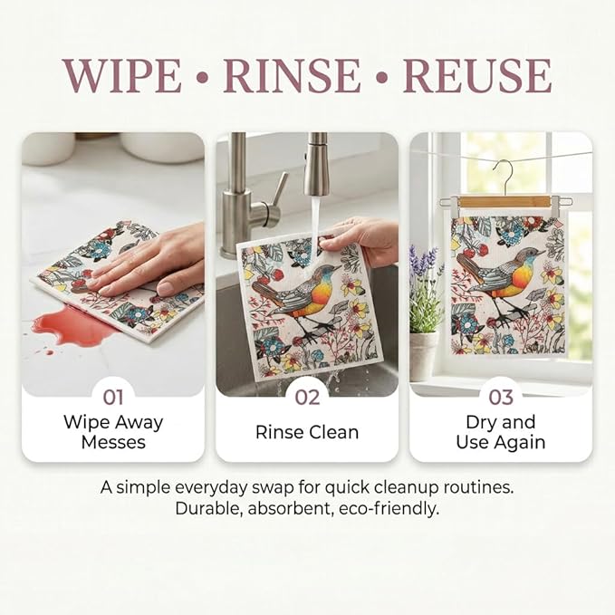 Kitchen Towels Swedish Dishcloths - 6 Count Reusable Paper Towels Washable, Cellulose Sponge Dish Towels for Kitchen Cleaning, Ultra Absorbent Odor Free Eco Friendly Biodegradable Cleaning Rags