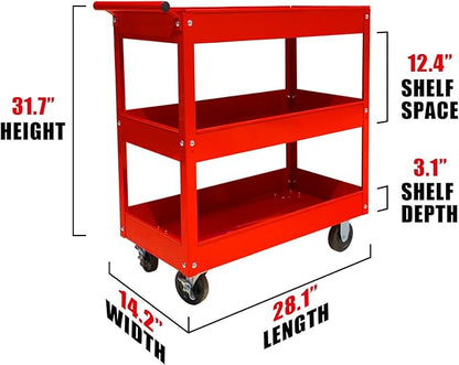 Torin APTC302B Steel Tool Service Push Cart with 3 Shelves and 200 lb Capacity, Red