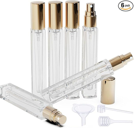 Mini Glass Spray Bottles, 10ml, 6 Pack, Fine Mist Refillable, Portable Travel Perfume Atomizers (Golden)