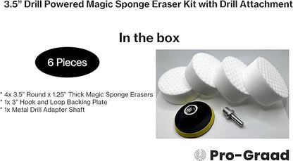 3.5” Drill Powered Magic Sponge Eraser 6 Pieces Kit with Drill Attachment | 25% Thicker Ultra Durable Melamine Cleaning Eraser Pads for Bathroom Kitchen Floors Walls Baseboards Crayon Marker and More
