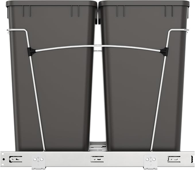 Rev-A-Shelf Double 27 Qt Pullout Trash Can for Base Kitchen Cabinets, Garbage Waste Bin System with Full Extension Slides, Min Opening Width of 11.5", Orion Gray, RV-15KD-13C-S