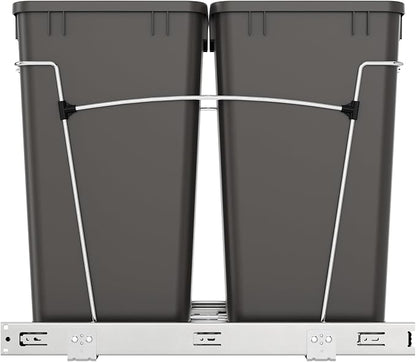 Rev-A-Shelf Double 27 Qt Pullout Trash Can for Base Kitchen Cabinets, Garbage Waste Bin System with Full Extension Slides, Min Opening Width of 11.5", Orion Gray, RV-15KD-13C-S