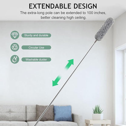 SetSail Extra-Long Dusters with Extension Pole 100-inch for Cleaning, Bendable Microfiber Head Washable Ceiling Fan Duster for High Ceilings, Furniture