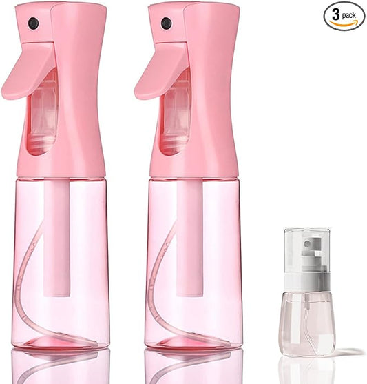 3 Pack Spray Bottles, 2-Pack Continuous Spray Bottles,Fine Water Mist Spray Bottles for Hair 6.8 OZ (200 ML) and 1oz 30ml Travel Spray Bottle Mister for Cleaning,Hairstyling,Plants,Barbers,Pink