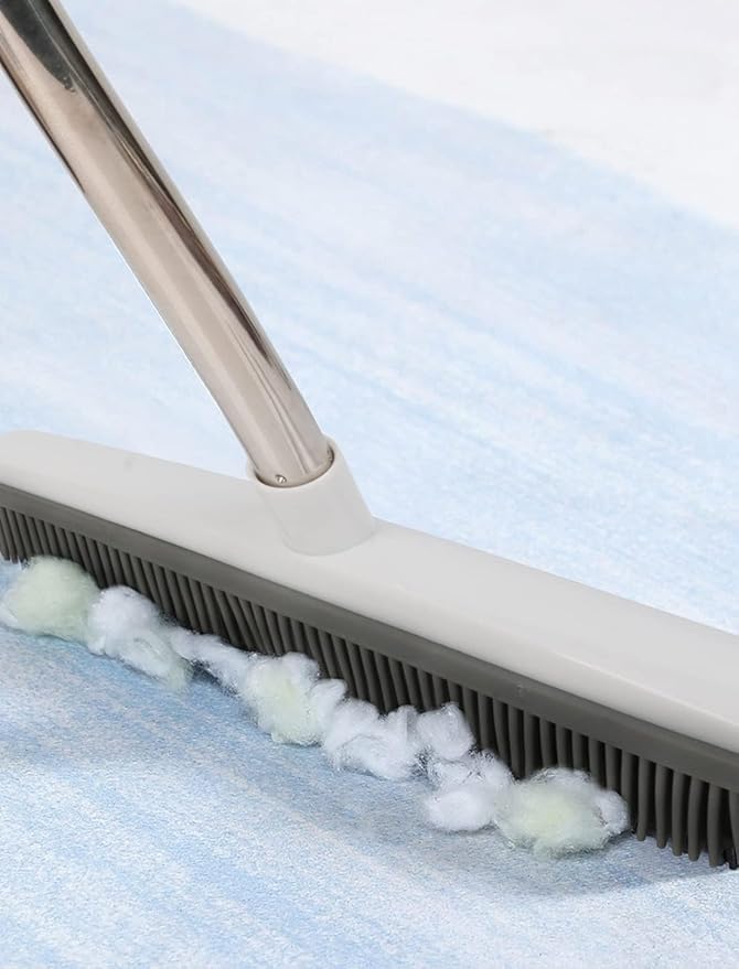 Rubber Broom with Handle, Broom Rubber Bristles Removing Animals Cats Dogs Hair for Floors for Carpets Tiles Windows and Gardens White
