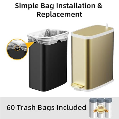 KdbK Champagne Gold Bathroom Trash Can with Lid Soft Close,1.6 Gallon Slim Garbage can,Small Metal Step Wastebasket for Office, Bedroom, Toilet, Live Room