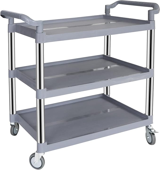 UNICOO 3-Tier Heavy Duty Rolling Utility Cart with Lockable Silent Wheels, 550 Pound Capacity, Anti-Rust Frame, Easy-Clean Shelves for Restaurant, Office, Garage and Kitchen