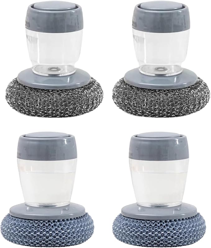Sakerplus Dish Brush Kitchen Soap Dispensing Palm Brush, Comfort Grip Soap Dispensing Kitchen Scrub, Palm Brush Dish Scrubber with Holder for Kitchen Sink (4, Light Gray+Dark Grey, PET+Steel Wool)