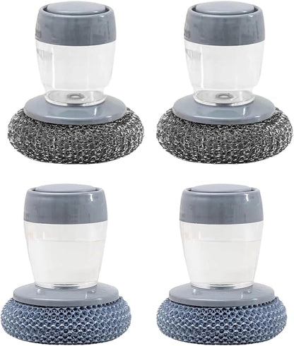 Sakerplus Dish Brush Kitchen Soap Dispensing Palm Brush, Comfort Grip Soap Dispensing Kitchen Scrub, Palm Brush Dish Scrubber with Holder for Kitchen Sink (4, Light Gray+Dark Grey, PET+Steel Wool)