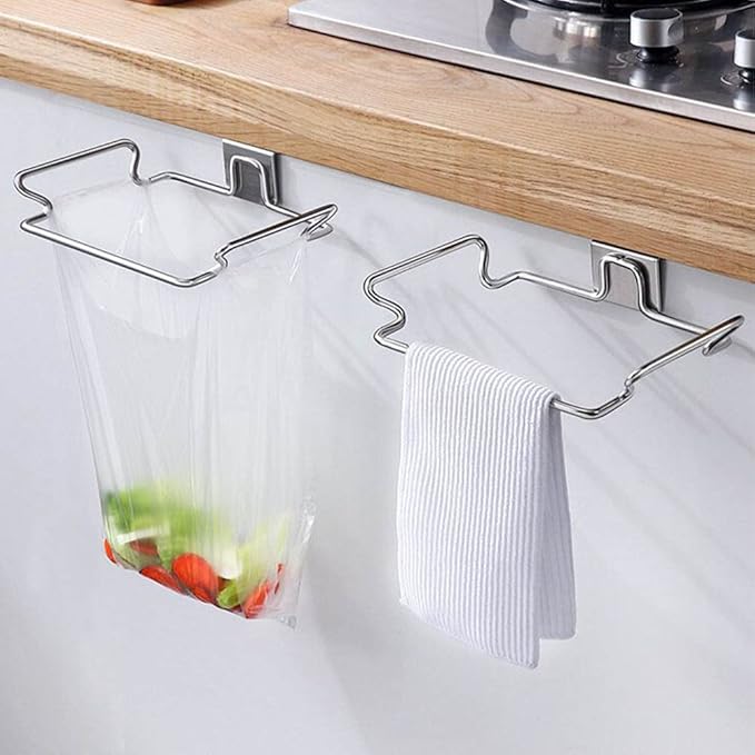 2 Pack Stainless Steel Trash Bag Holder, Garbage Storage Bags Rack, Hanging Garbage Bag Storage Organizer Rack for Kitchen Cabinets Doors and Cupboards Towel Gloves Hanger