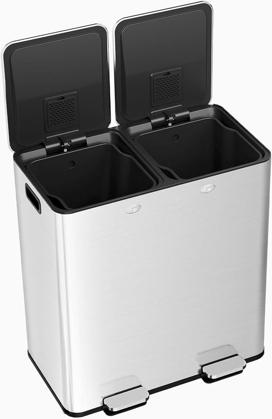 Large Stainless Steel Dual Compartment Recycling Trash Can 60 l/16 Gal Kitchen Trash Can Recycle Bins with Lid Waste Bin with Removable Buckets, Bathroom,Kitchen Garbage Can