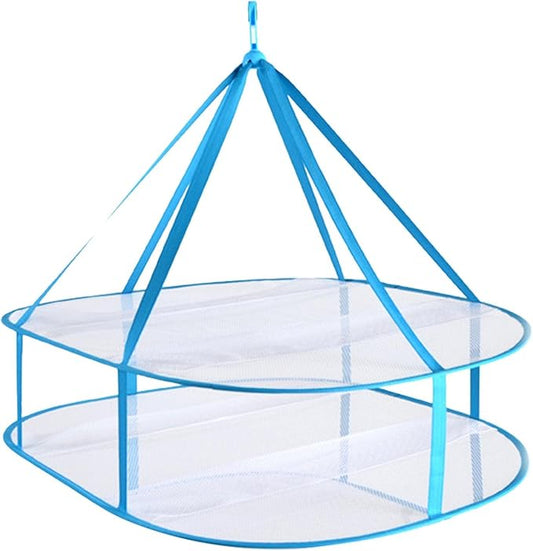 2 Tier Folded Mesh Clothes Hanging Dryer Sweater Drying Rack,Windproof Laundry Drying Rack,Foldable Hanging Mesh Dryer for Underwear Lingerie Sweater Outdoor, Indoor(blue,size:30.7x24x23.6inch)
