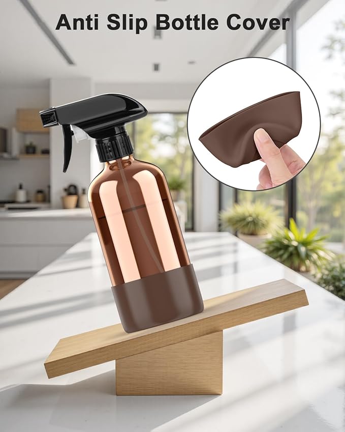 Bontip Amber Glass Spray Bottle with Silicone Sleeve Protection, 16 oz Refillable Spray Bottles for Cleaning Solutions, Plants, Aromatherapy, Facial Hydration (1, Brown, 16 oz)
