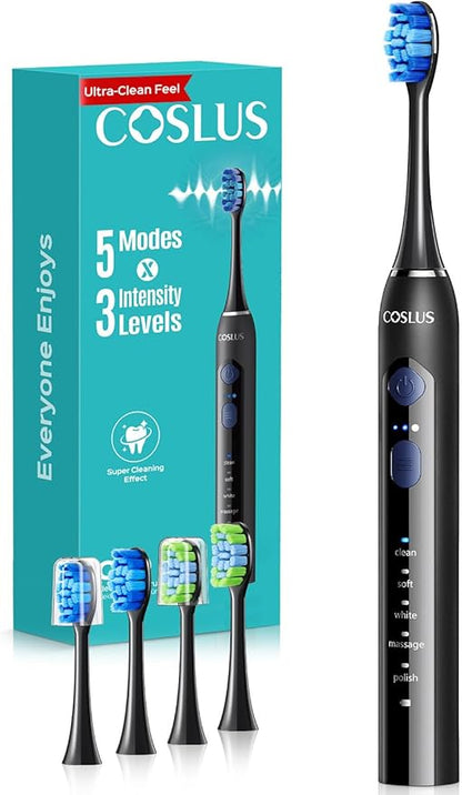 COSLUS C30 Electric Toothbrush for Adults: 3 Intensities & 5 Modes Customized for Effective Yet Gentle Ultra-Clean Feel, 2 Types of Heads for Gentle or Daily Care, Travel & Home Use, Black, 1PC