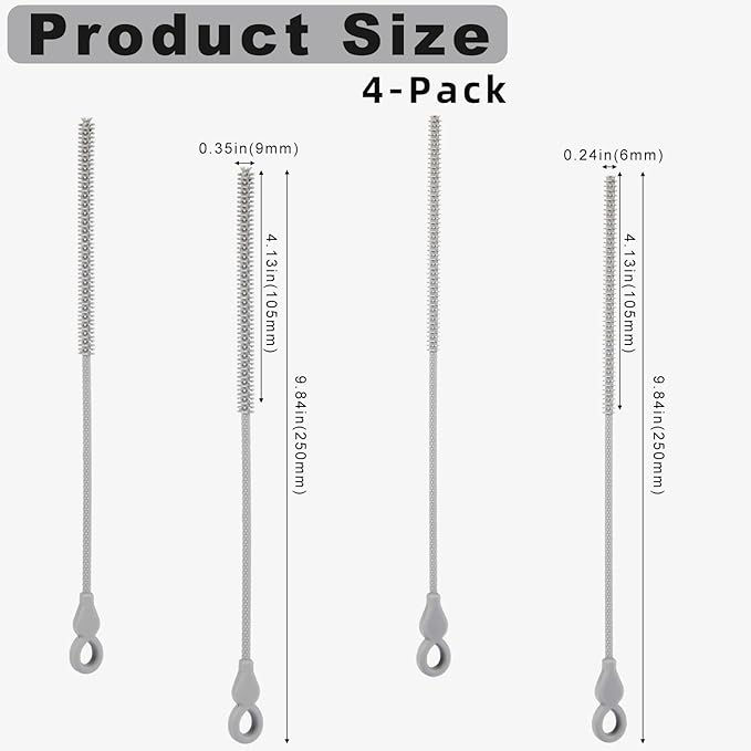 Silicone Straw Cleaner Brush, 4Pcs Reusable Straw Brush Set with Extra-Long Design for Cleaning Thin Metal Straws and Wider Milkshake Straws （6mm+9mm Gray)