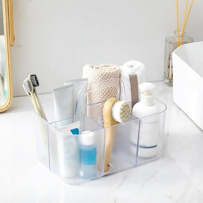 Multiuse Caddy Organizer with Handle, Portable Plastic Tote Bin - Art Craft, Stationary Pen Marker Crayons, Makeup Hair Supplies Storage - Bathroom, Classroom, Dorm, Office, Desk Holder -Frosted Clear