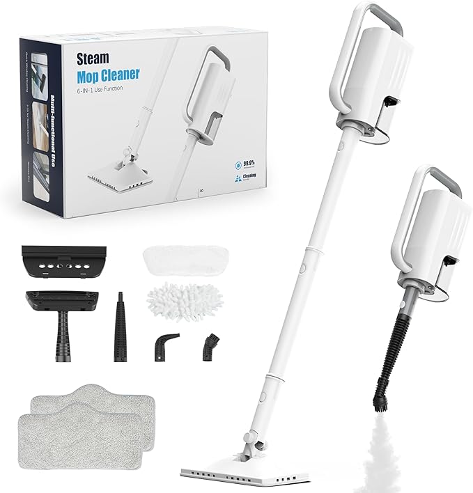 6-in-1 Steam Mop, 1200W Rotated Steam Cleaner for Home, 2 Modes, 400ML Removable Tank, 23FT Power Cord, 2 Pads, Multi-Surface Steamer for Hard Floor, Laminate Floor, Tiles Cleaning (Stone White)