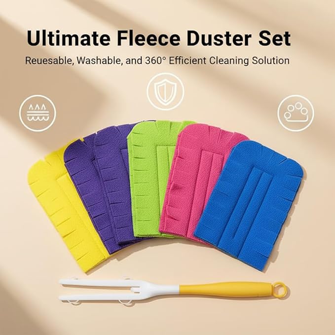 Reusable Duster Refills Compatible with Swiffer, 5 Pack Washable Duster Pads with Handle Included, 360° Cleaning Fleece Refills for Fan, Blinds, Furniture, Home Cleaning (1)