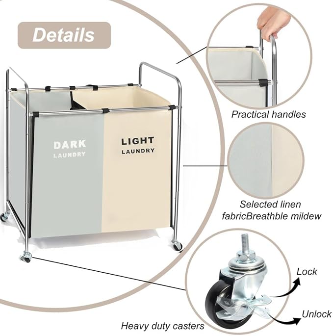 Double Compartment Rolling Laundry Sorter Cart with Wheels, Dark and Light Separation Hamper, Chrome Frame, Mobile Clothes Storage Organizer(Black+white, 2 Sections)