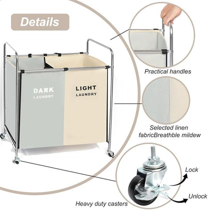 Double Compartment Rolling Laundry Sorter Cart with Wheels, Dark and Light Separation Hamper, Chrome Frame, Mobile Clothes Storage Organizer(Black+white, 2 Sections)