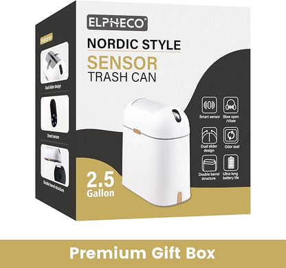 ELPHECO Bathroom Trash Can, 2.5 Gallon Motion Sensor Waterproof Trash Bin with Butterfly lid, Bathroom Decor Waste Basket Garbage Bin for Bedroom Kitchen and Office use, White with Golden Button