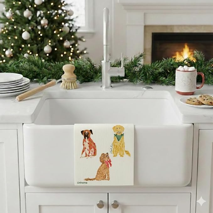 Christmas Holiday Swedish Dishcloth, Cats & Dogs Collection, Reusable Paper Towel, Super Absorbent Cellulose Sponge, Washable Kitchen Cleaning Cloth (Holiday Paws Cats & Dogs - 4 Pack)