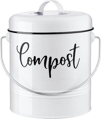 DAYYET Compost Bin Kitchen, 1.3 Gallon Farmhouse Kitchen Compost Bin Countertop, Indoor Countertop Compost Bucket with Lid and Charcoal Filters, White