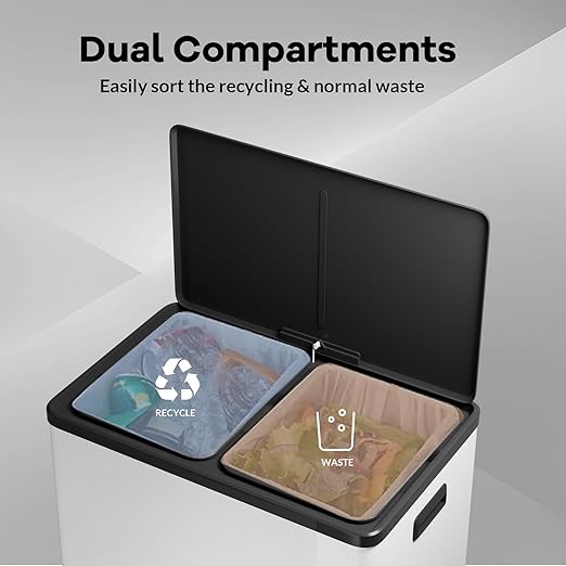 GAOMON Kitchen Dual Trash Can and Recycling Bin, 2 x 8 Gallon Stainless Steel Trash Can, 60 Liter, Removable Inner Bin and Soft Close Lid, Suitable for Home, Office, Business - White