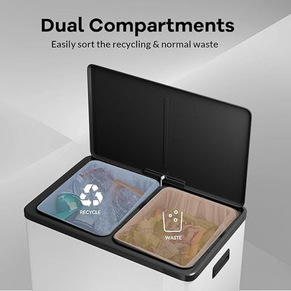GAOMON Kitchen Dual Trash Can and Recycling Bin, 2 x 8 Gallon Stainless Steel Trash Can, 60 Liter, Removable Inner Bin and Soft Close Lid, Suitable for Home, Office, Business - White