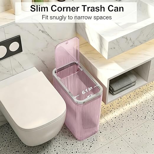 2-Pack Bathroom Trash Can with Lid – 2.6 Gallon / 10L Clear Waste Basket with Pop-Up Lid & Bag Ring – Slim Plastic Garbage Can for Bathroom, Bedroom, Office – Colorful Small Trash Can, Purple Pink