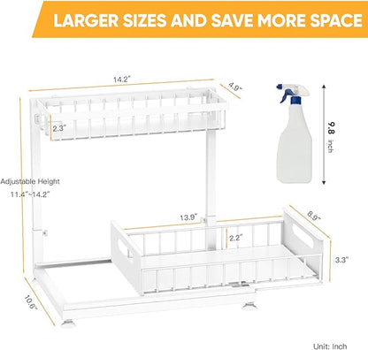 Saydear Under Sink Organizer Storage 2-Tier Premium Metal Pull-Out Kitchen Cabinet Organizer with Sliding Drawer, Height Adjustable, Heavy Duty for Kitchen & Bathroom Organizers 2 Pack White
