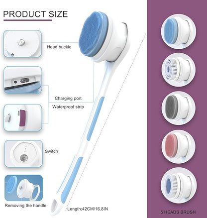 Electric Body Brush,5 Attachments Brush Heads Electric SPA Spin Scrubber for Shower Bathing Cleansing Wash Deep Cleaning with Silicone Rechargeable IPX7 Waterproof
