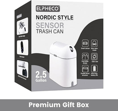 ELPHECO Bathroom Trash Can, 2.5 Gallon Motion Sensor Waterproof Trash Bin with Butterfly lid, Bathroom Decor Waste Basket Garbage Bin for Bedroom Kitchen and Office use, White with Grey Button
