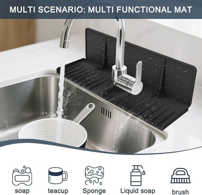 Silicone Faucet Drip Catcher Tray Mat - Upgraded Design - Sink Backsplash Guard Behind Faucet, Silicone Faucet Mat for Dish Soap Sponge Holder, Kitchen Counter Bathroom Kitchen Sink Splash Guard-Black