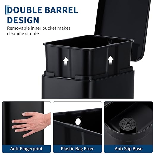 13-Gallon Kitchen Trash Can, 50-Liter Slim Stainless Steel Pedal Trash Bin, Pedal Trash Can with Soft-Close Lid, Fingerprint-Resistant, with Removable Inner Bucket, Suitable for Small Spaces,Black