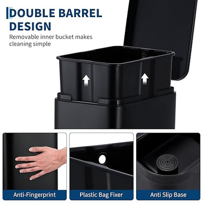 13-Gallon Kitchen Trash Can, 50-Liter Slim Stainless Steel Pedal Trash Bin, Pedal Trash Can with Soft-Close Lid, Fingerprint-Resistant, with Removable Inner Bucket, Suitable for Small Spaces,Black