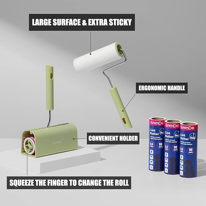 Extra Sticky Large Surface Lint Roller, 6.3'' Giant Lint Roller for Pet Hair, Long Handle Lint Remover for Clothes, Furniture, Dog & Cat Hair Remover (1 Roller + 270 Sheets)