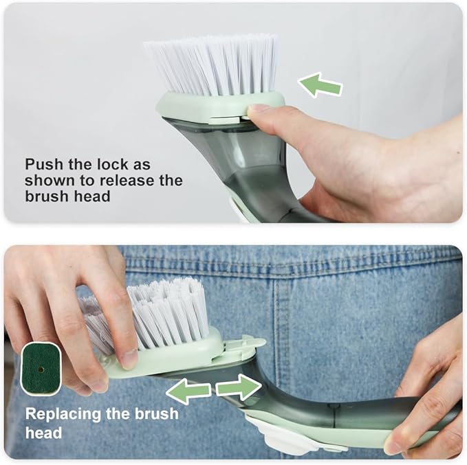 CQT Soap Dispensing Dish Brush Storage Set, Dish Scrubber with Handle, Kitchen Washing Brush for Pot Pan Sink Cleaning, Kitchen Brush with Holder and 1 Replaced Scouring Pad Head
