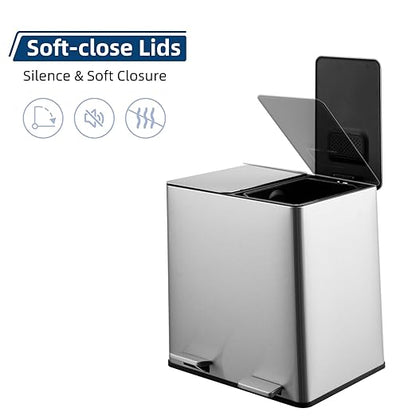 Garvee 2 x 4 gal Dual Compartment Trash Can for Kitchen - Stainless Steel Step Garbage Bin with Removable Buckets, Odor Control Filter & Soft-Close Lid | Recycling & Waste Separation Rubbish Bin