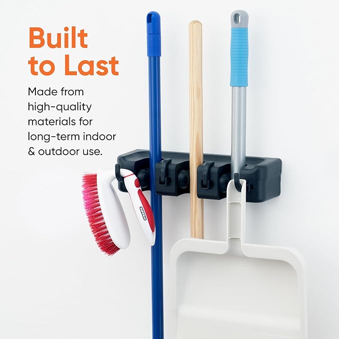 Superio Mop and Broom Holder Wall Mount Storage Organizer for Kitchen, Garage, Garden, 3 Slots (Black)