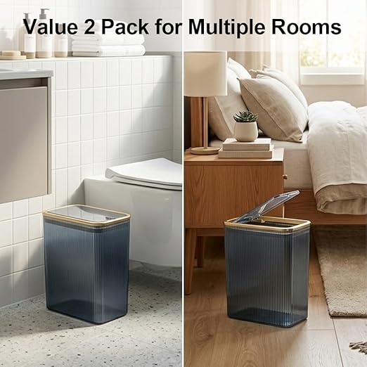 2 Pack Bathroom Trash Can with Lid, Transparent Small Trash Can with Bag Ring, Colorful Plastic Waste Basket for Bathroom, Bedroom, Office, Kitchen – Blue Garbage Can