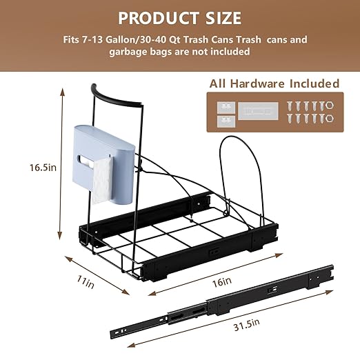 Pull Out Trash Can Under Cabinet Slide Out Kit - Heavy Duty Up to 125 lb, Fits 28-40 Quart ‌Ashcan with Garbage Bag Holder, Rust-Proof Steel Frame-Under Sink Garbage Can Pull Out (Not Include Can