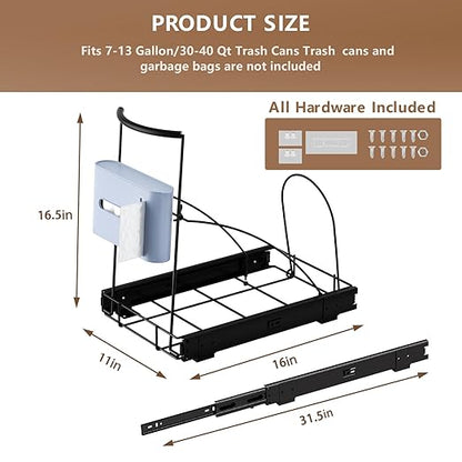 Pull Out Trash Can Under Cabinet Slide Out Kit - Heavy Duty Up to 125 lb, Fits 28-40 Quart ‌Ashcan with Garbage Bag Holder, Rust-Proof Steel Frame-Under Sink Garbage Can Pull Out (Not Include Can