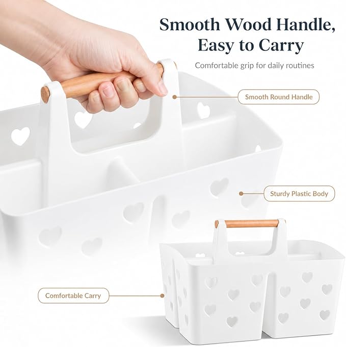 White Portable Shower Caddy Basket with Handle, 3-Compartment Plastic Shower Tote with Drain Holes, Cute Bathroom Organizer for College Dorm, Shared Bathroom, Gym, Travel, Skincare & Cleaning Supplies