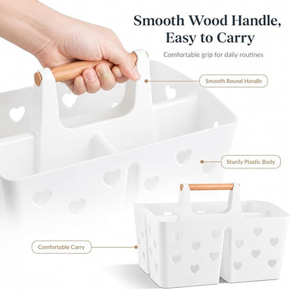 White Portable Shower Caddy Basket with Handle, 3-Compartment Plastic Shower Tote with Drain Holes, Cute Bathroom Organizer for College Dorm, Shared Bathroom, Gym, Travel, Skincare & Cleaning Supplies