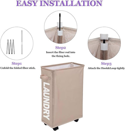Slim Rolling Laundry Hamper with Wheels, 42L Collapsible Narrow Laundry Basket with Drawstring Mesh Cover, Foldable Dirty Clothes Organizer for Bathroom, Dorm, Small Spaces, Khaki