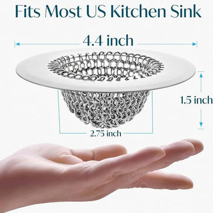 2 Pack Chainlink Kitchen Sink Drain Strainer 4.4 Inch - 304 Stainless Steel Wide Rim Sink Strainer, Chainmail Sink Filter, Fits Most US Kitchen Sinks