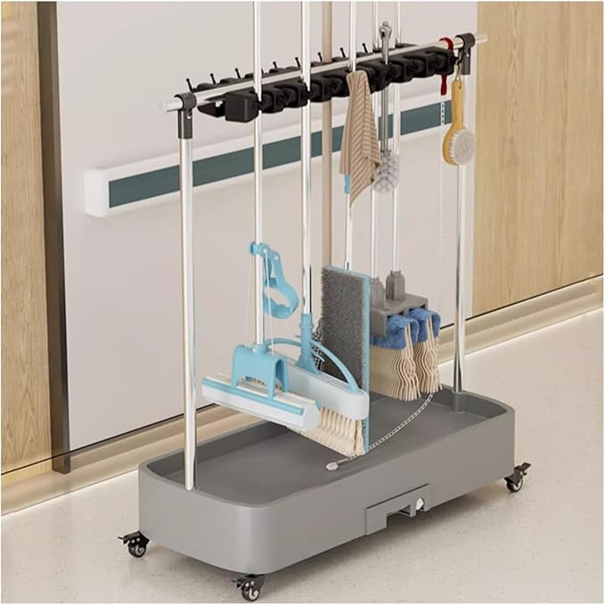Commercial Mop Rack, Broom Holder Organizer, Cleaning Caddy On Wheels, Floor-Mounted Mop Bucket, Freestanding Broom Closet Cabinet (White-92x40x96cm(16slots)