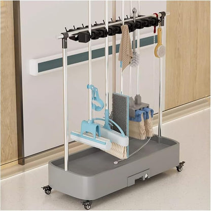 Commercial Mop Rack, Broom Holder Organizer, Cleaning Caddy On Wheels, Floor-Mounted Mop Bucket, Freestanding Broom Closet Cabinet (White-92x40x96cm(16slots)