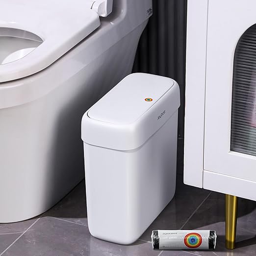 JOYBOS Bathroom Trash Can with Lid, 3 Gallon Small Garbage Can, 10L Dogproof Slim Plastic Narrow Trash Bin with Pop-up Lid for Toilet, Office, Bedroom, Living Room, White
